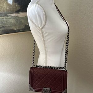 Authentic CHANEL boy Paris Dallas Quilted Burgundy Crossbody Bag